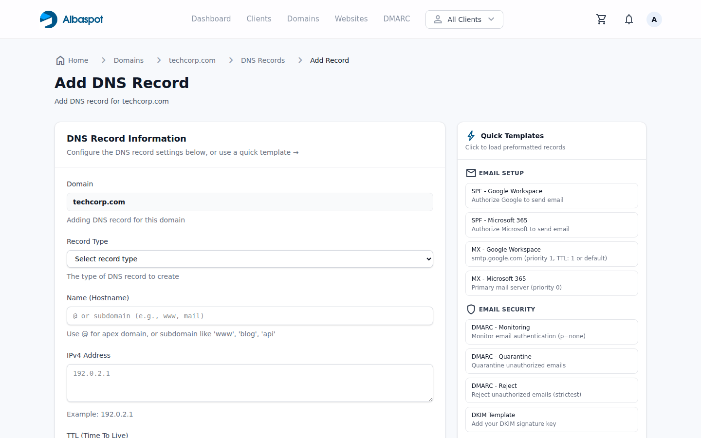 Adding a new BIMI TXT record in Albaspot DNS management