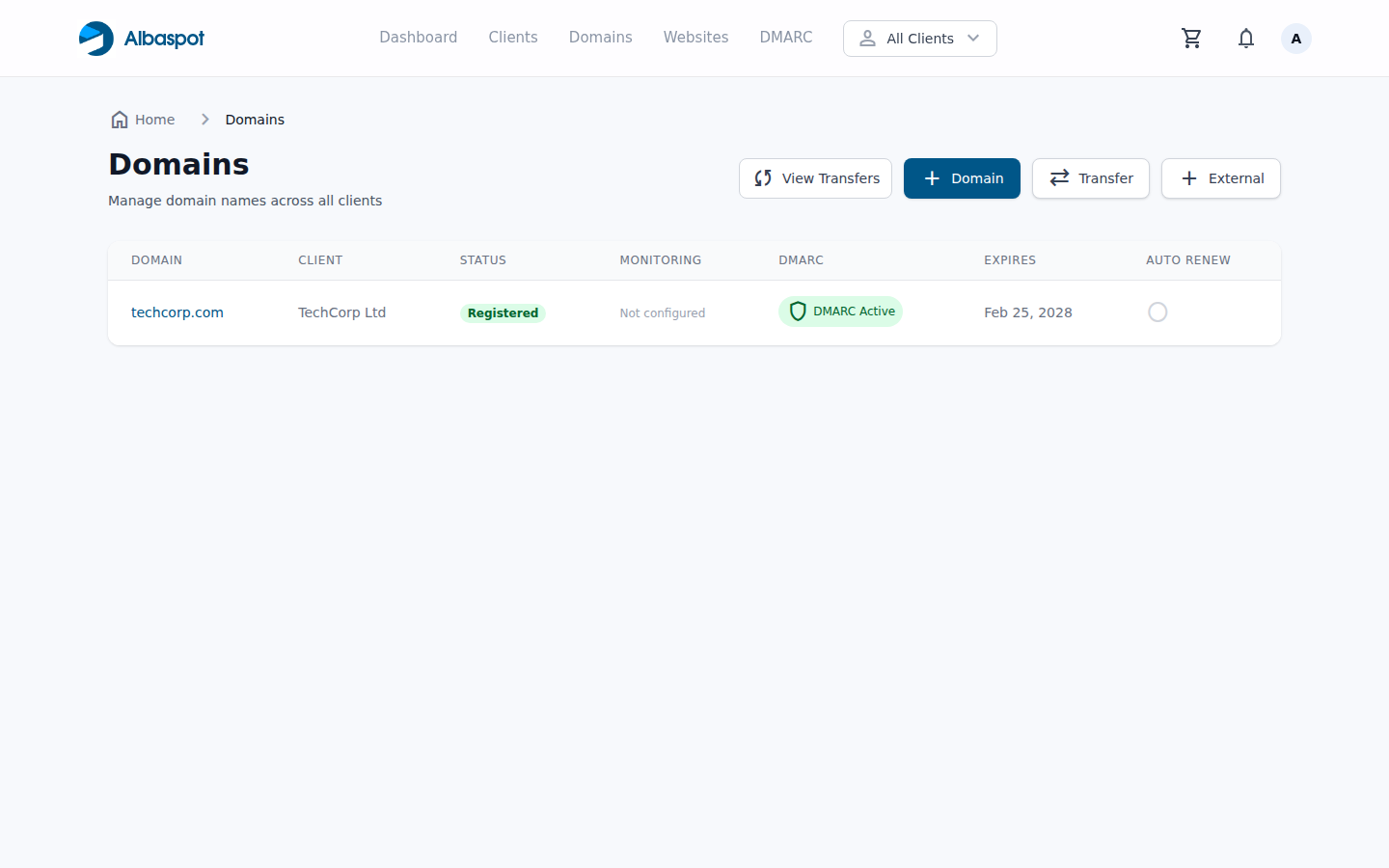 Albaspot domain management showing DMARC enforcement status per domain