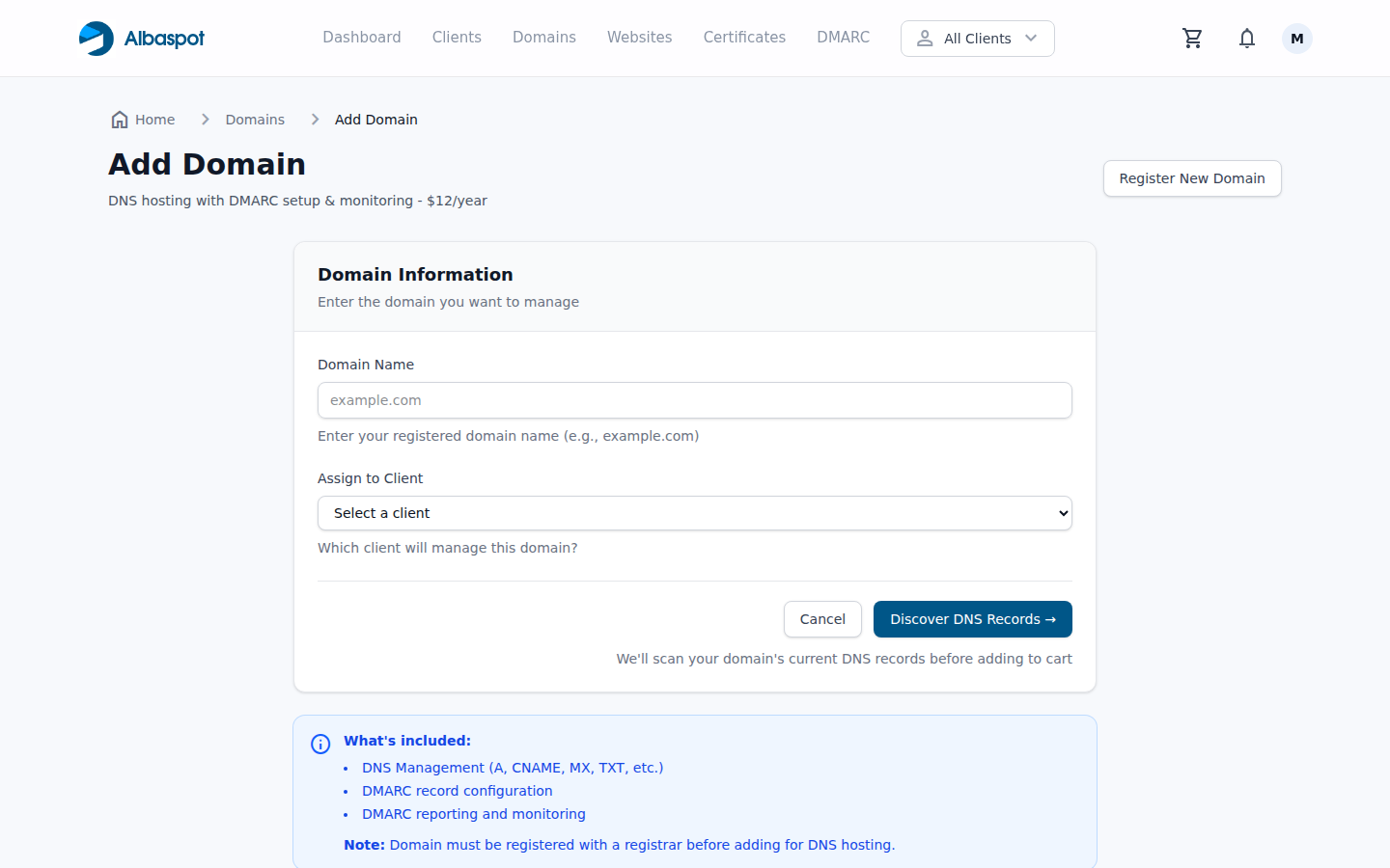 Add hosted domain form showing the domain name field filled with 'techcorp.com', client selected as TechCorp Ltd, and trial notice confirming this zone is free during the trial