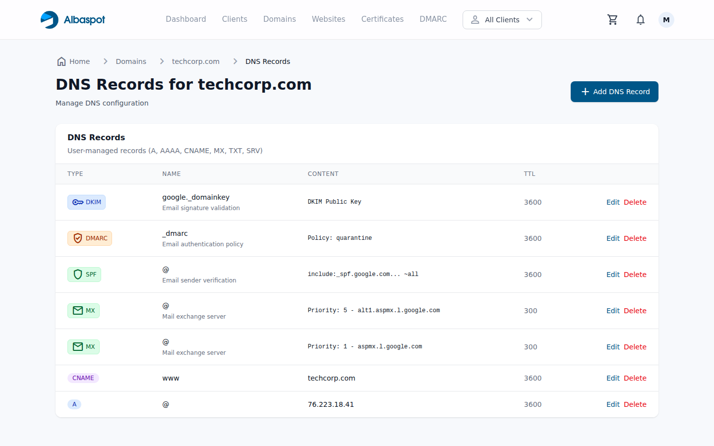 DNS records page for techcorp.com showing A, MX, TXT (SPF), TXT (_dmarc), and CNAME records in a clean table with Add record and Sync buttons