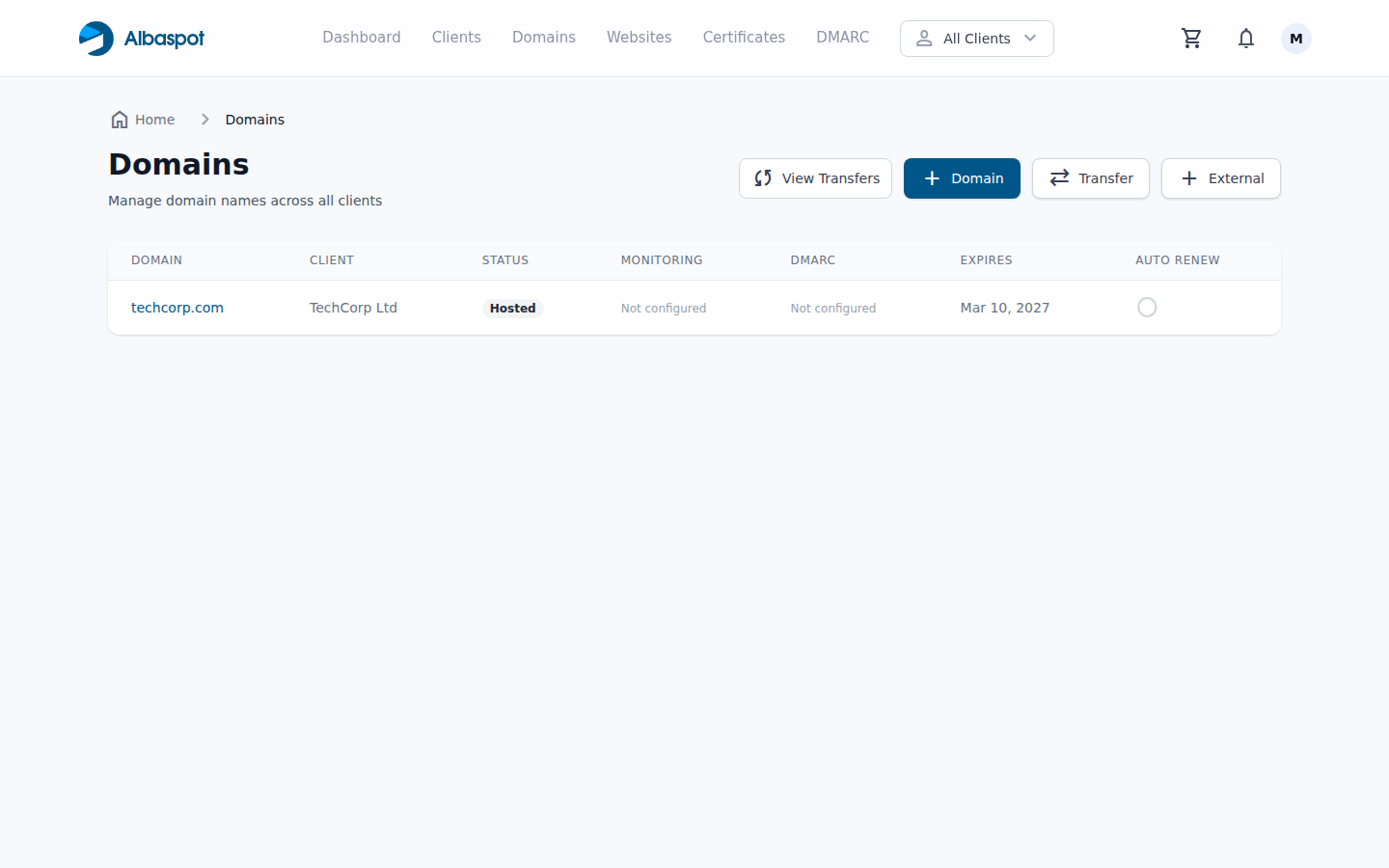 Domains list showing techcorp.com with a blue 'Hosted' badge, client TechCorp Ltd, and an active status indicator