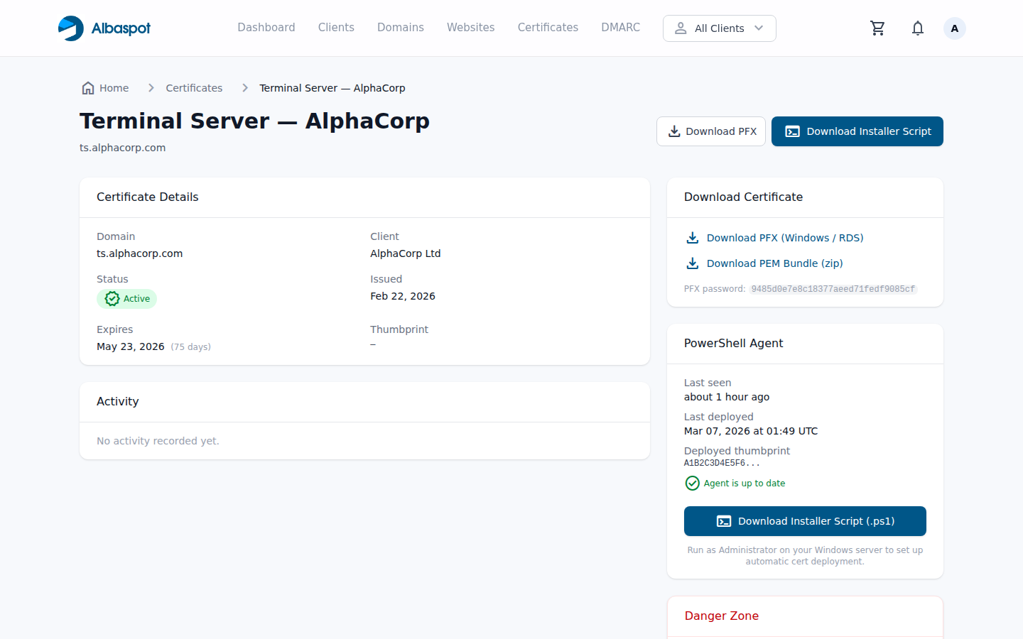 Certificate detail page