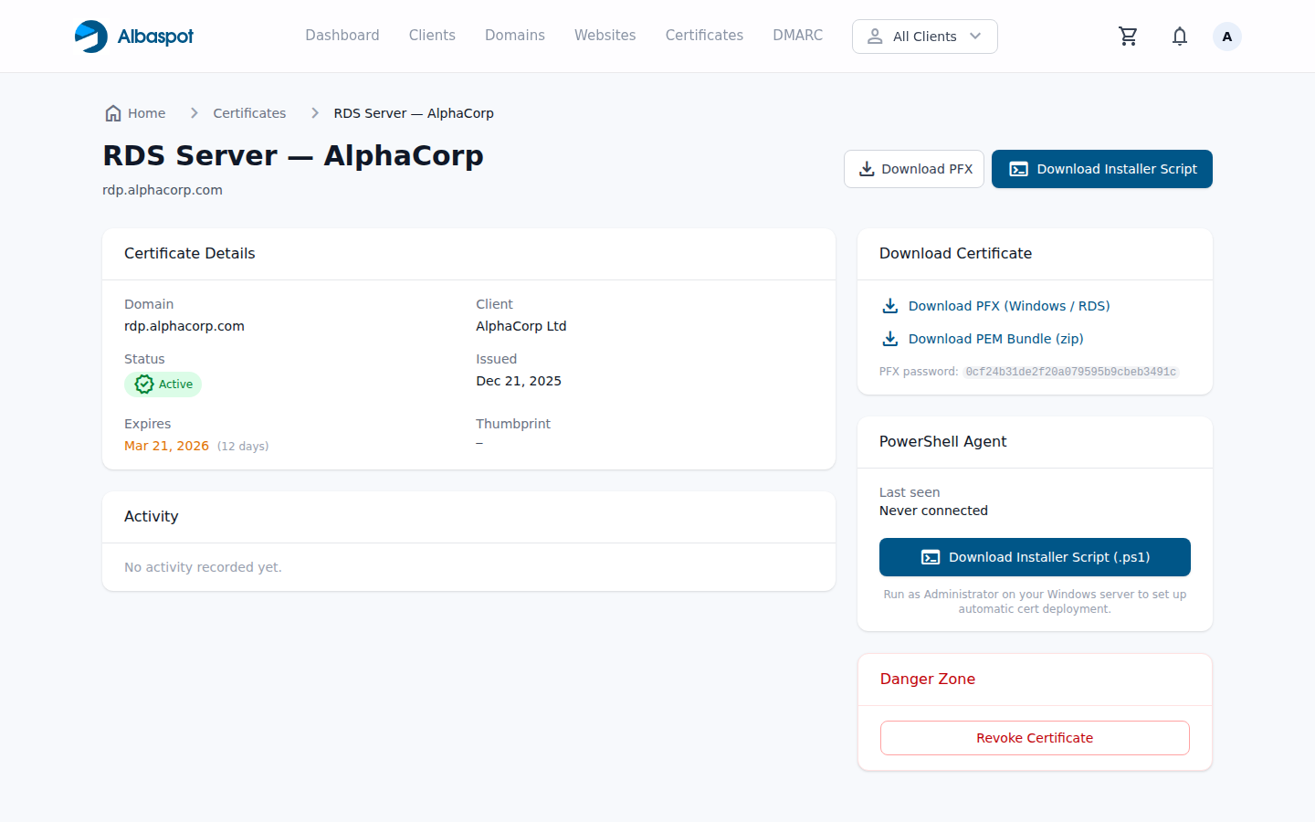 Certificate detail page showing an expiring certificate