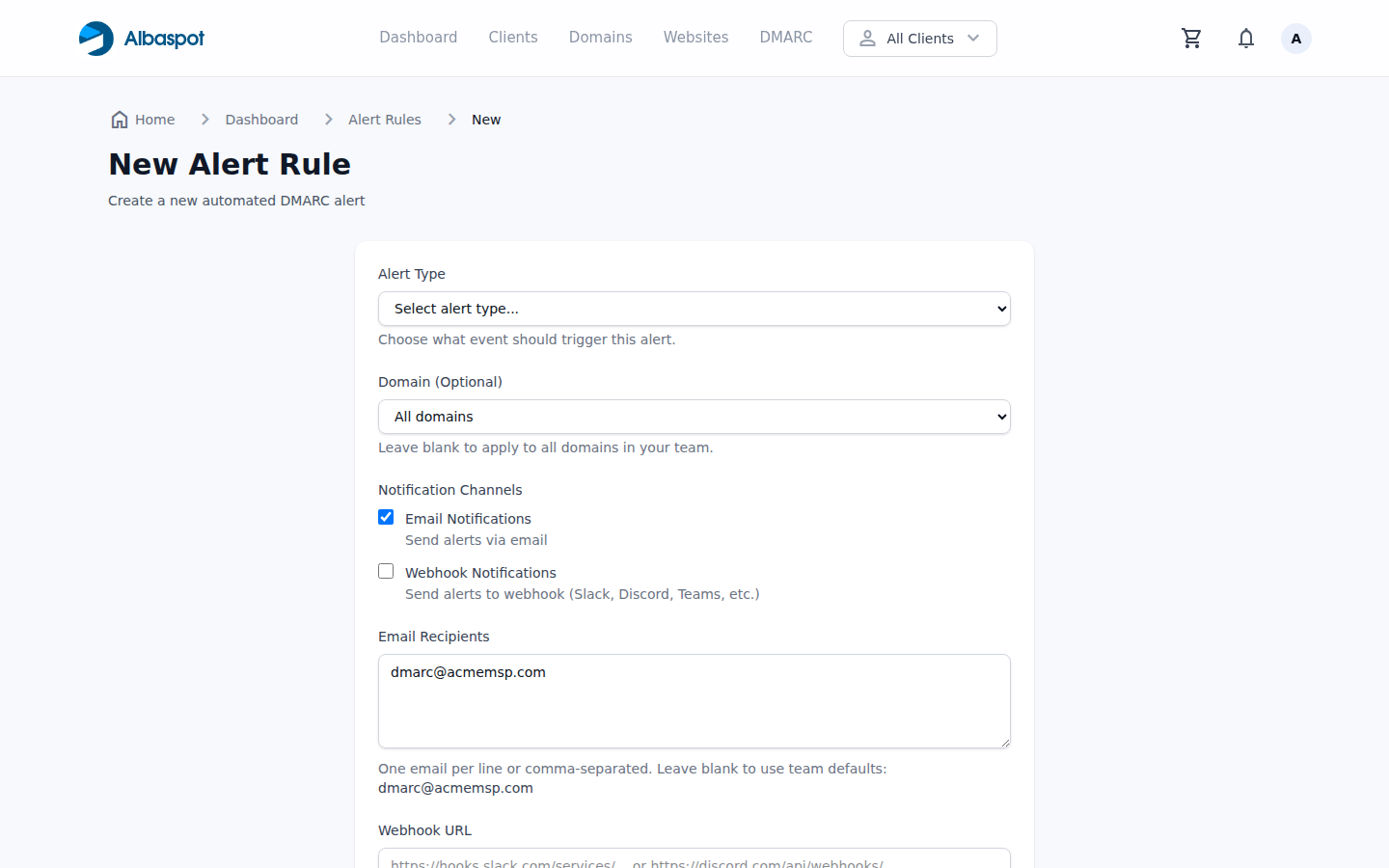 Create DMARC alert rule form