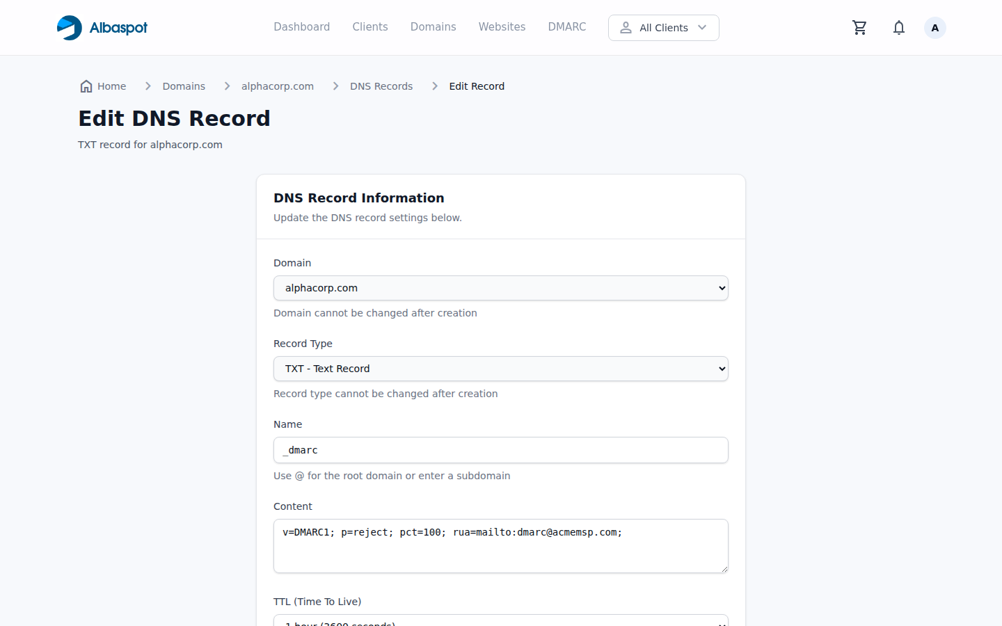 Edit DNS record form