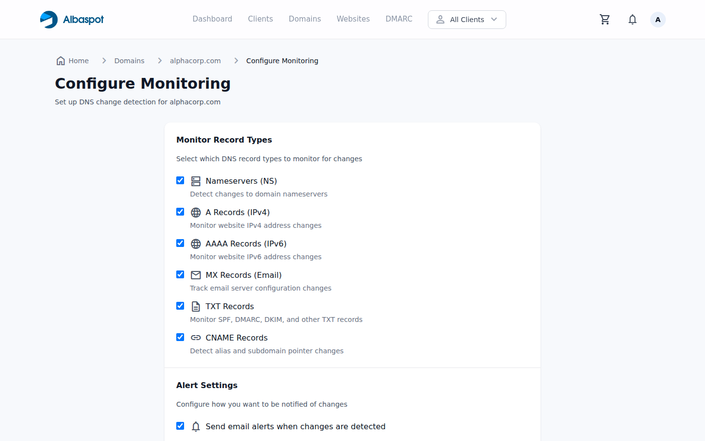 Domain monitoring configuration