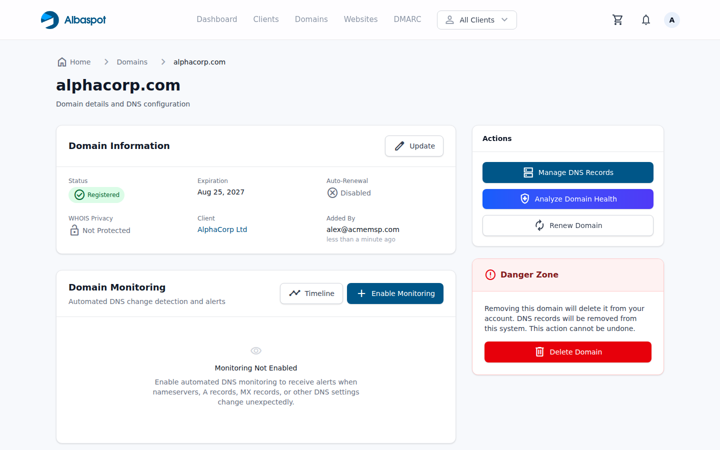 Domain monitoring history