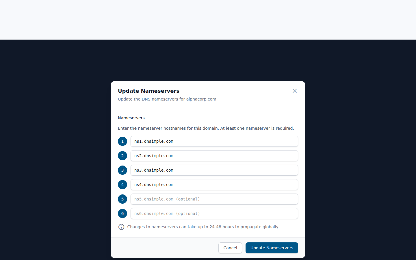 Update nameservers modal