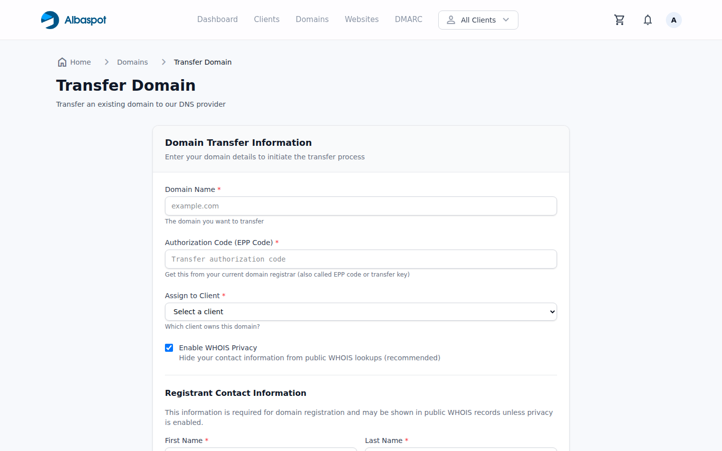 Domain transfer form