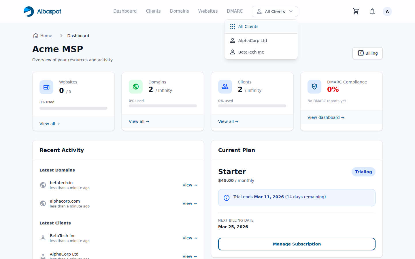 Client switcher dropdown
