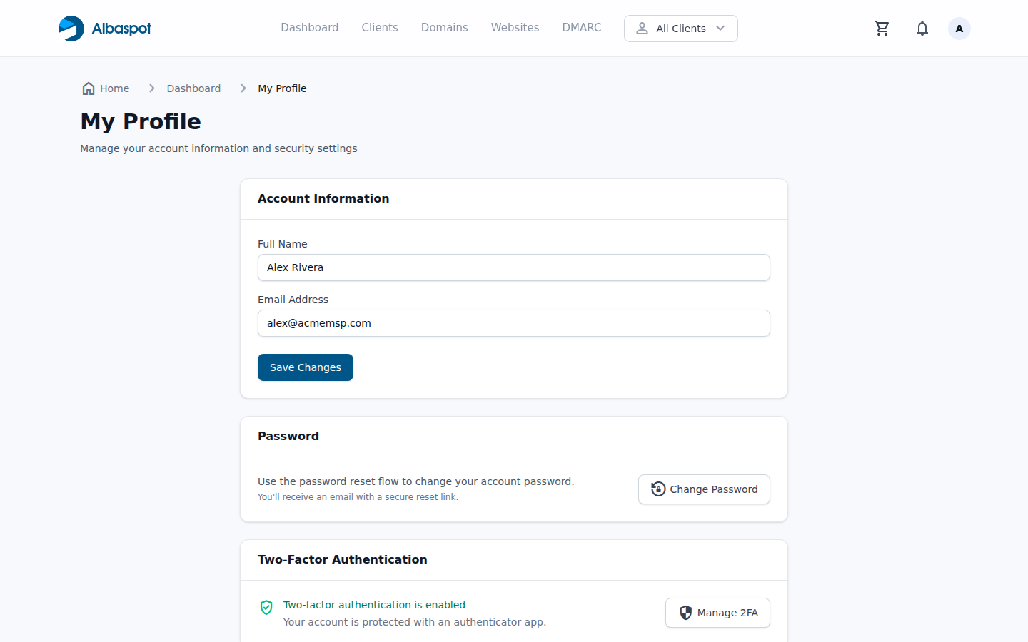 Profile settings page