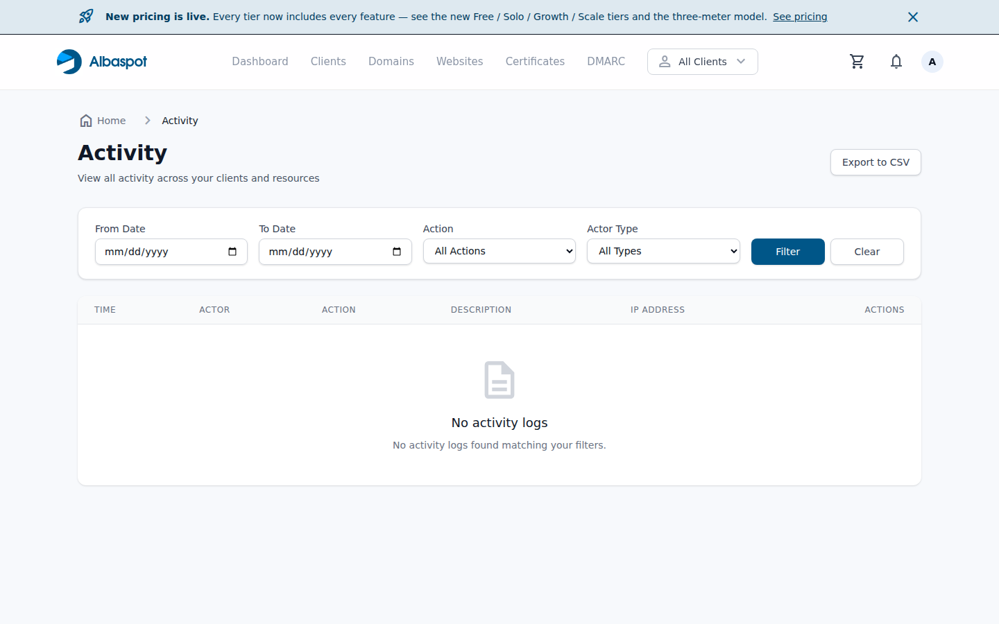 Activity log page
